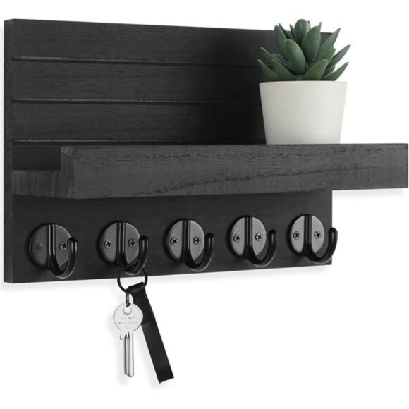 Key Holder for Wall, Decorative Key and Mail Holder with Shelf Has Large Hooks - Picture 1 of 7